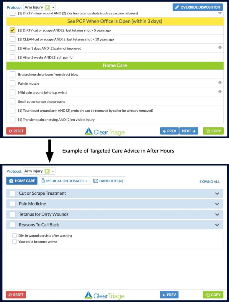 Screenshot of targeted care advice in After Hours